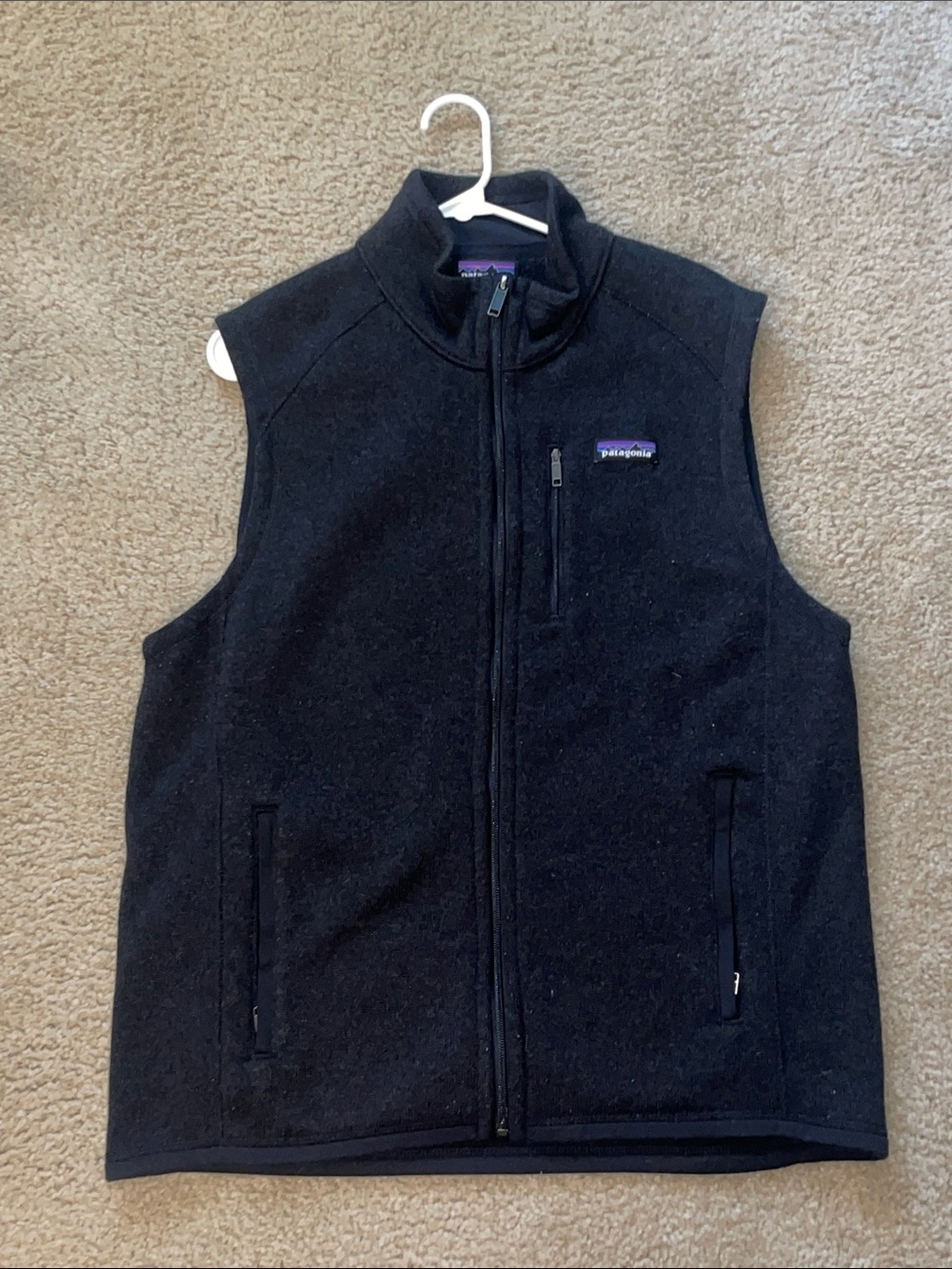 Patagonia Men's Black Fleece Vest with Purple Logo